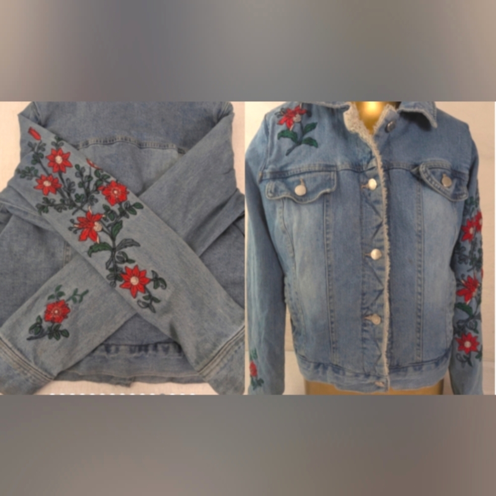 JOLT Beautiful Floral Embroidered Denim Jacket Faux Fleece Size LARGE.